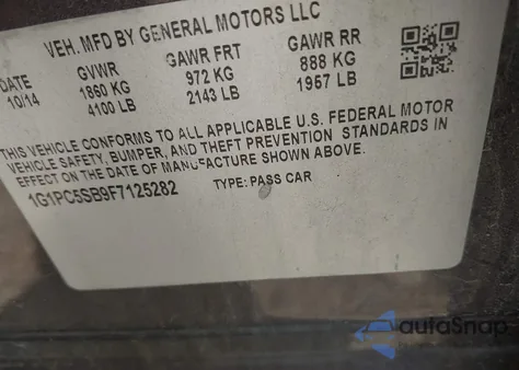 2015 Chevrolet Cruze 1Lt Auto z USA, uszkodzony, nr VIN 1G1PC5SB9F7125282